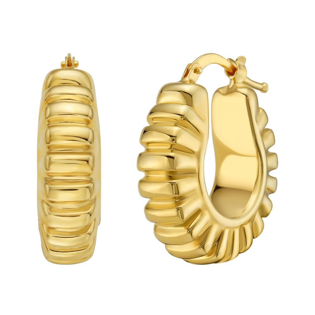 14K Yellow Gold Polished Puffed Ribbed Hoop Earrings