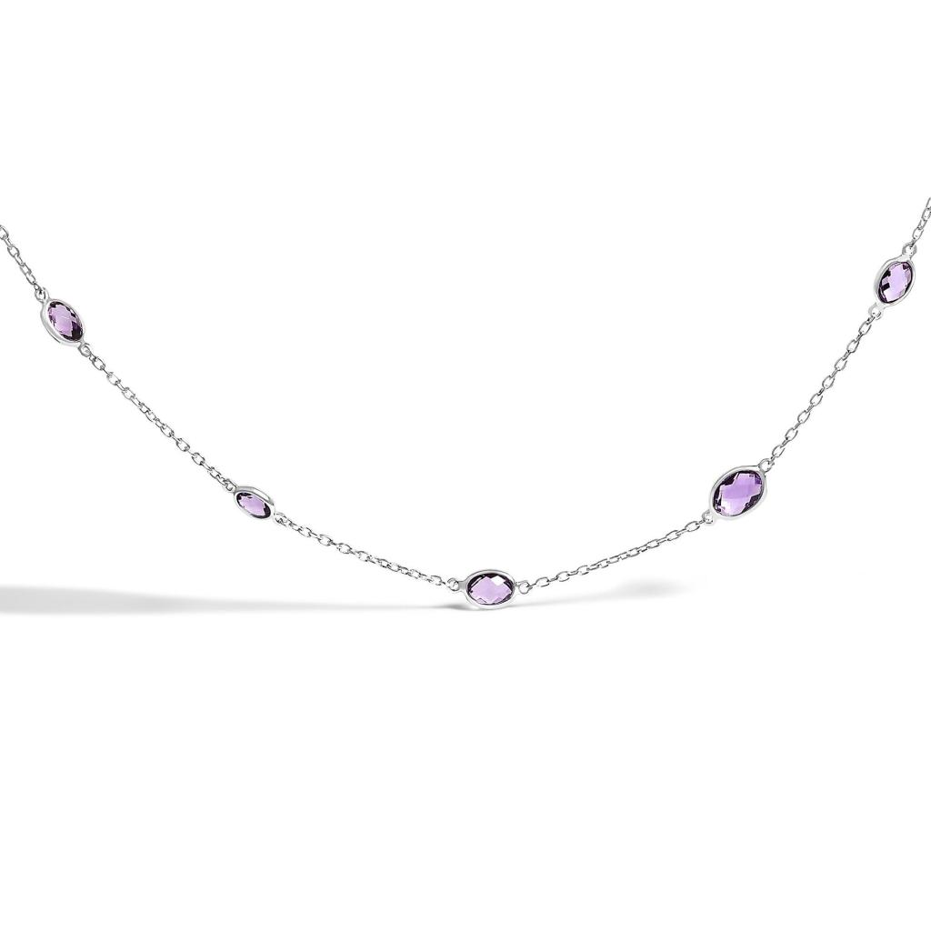 .925 Sterling Silver Checkerboard Cut Purple Amethyst Bezel Station Necklace - 22" Inches