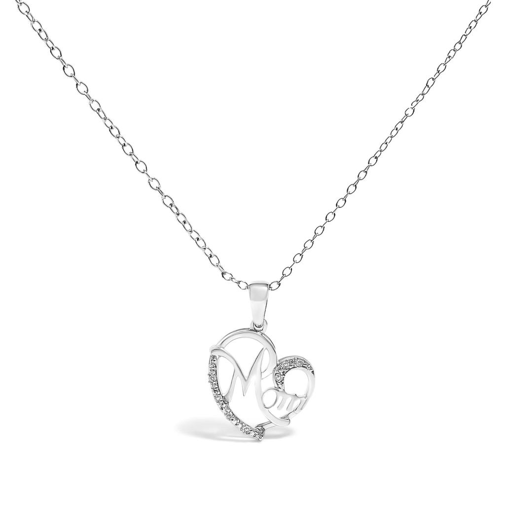 .925 Sterling Silver Cursive Mom Heart Diamond Accent Pendant Necklace (J-K Color, I2-I3 Clarity) - 18" Inches
