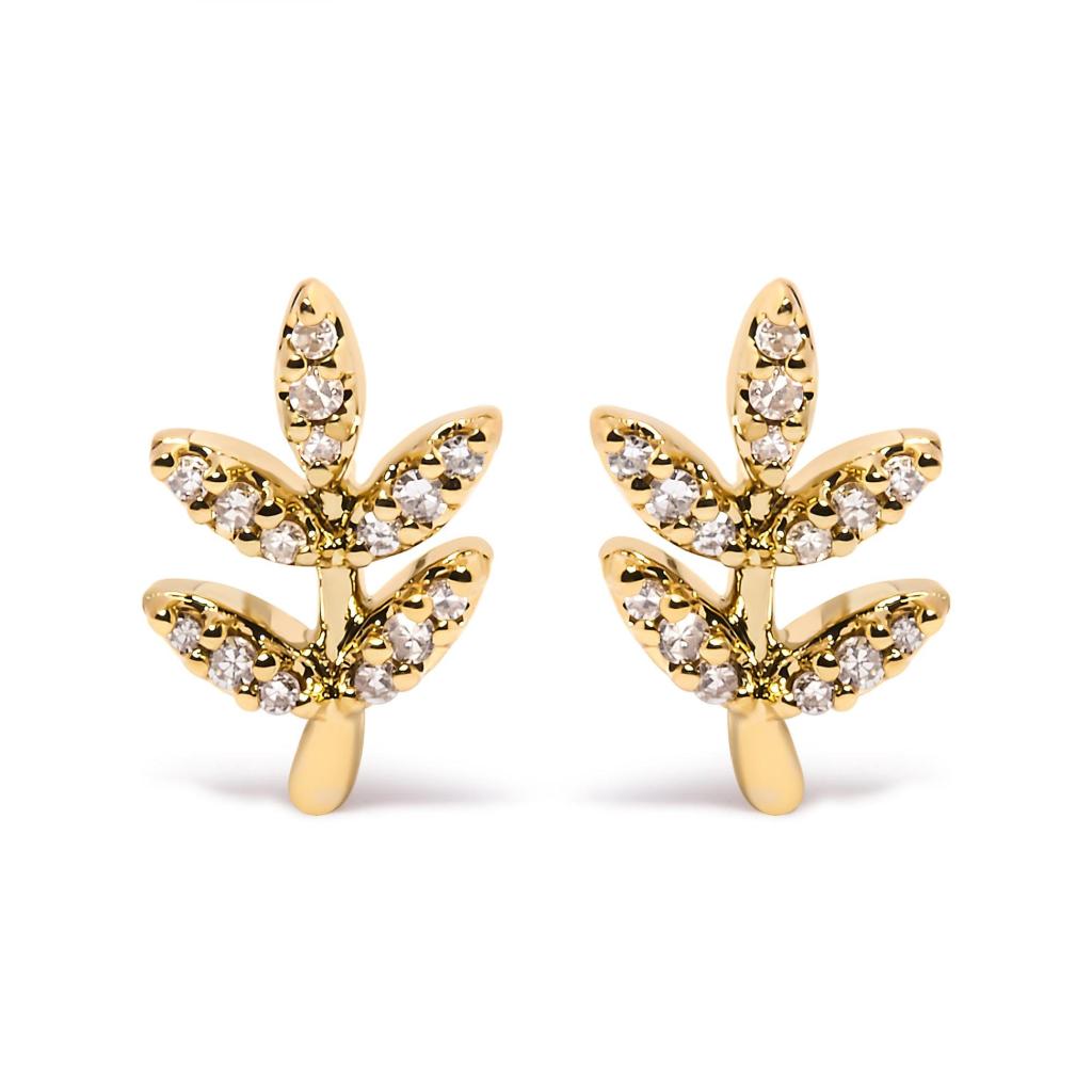 10K Yellow Gold 1/10 Cttw Diamond Accented Leaf and Branch Stud Earrings (H-I Color, I1-I2 Clarity)