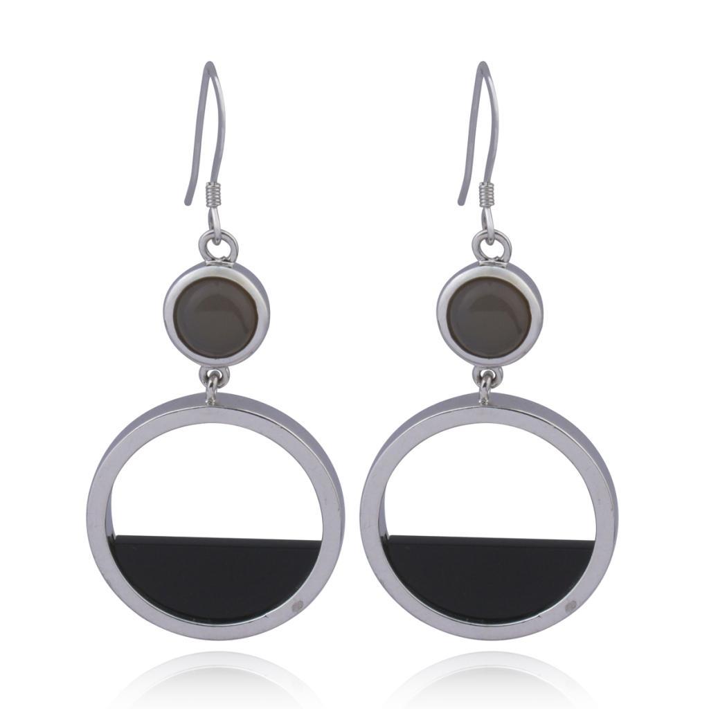 E62LA93-W Black and Grey Agate Circle Fishhook Earrings