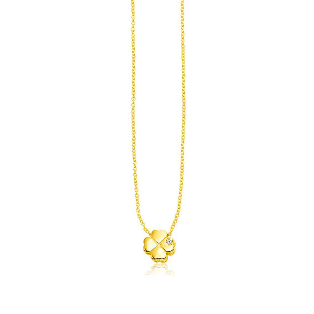 14k Yellow Gold Polished Four Leaf Clover Necklace with Diamond