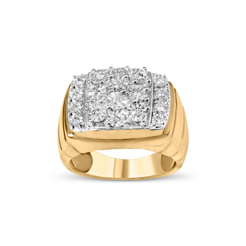 14K Yellow Gold Plated .925 Sterling Silver 3/8 Cttw Diamond Miracle Set Mens Cluster Cocktail Ring (I-J Color, I3 Clarity) Ring Size-10.0