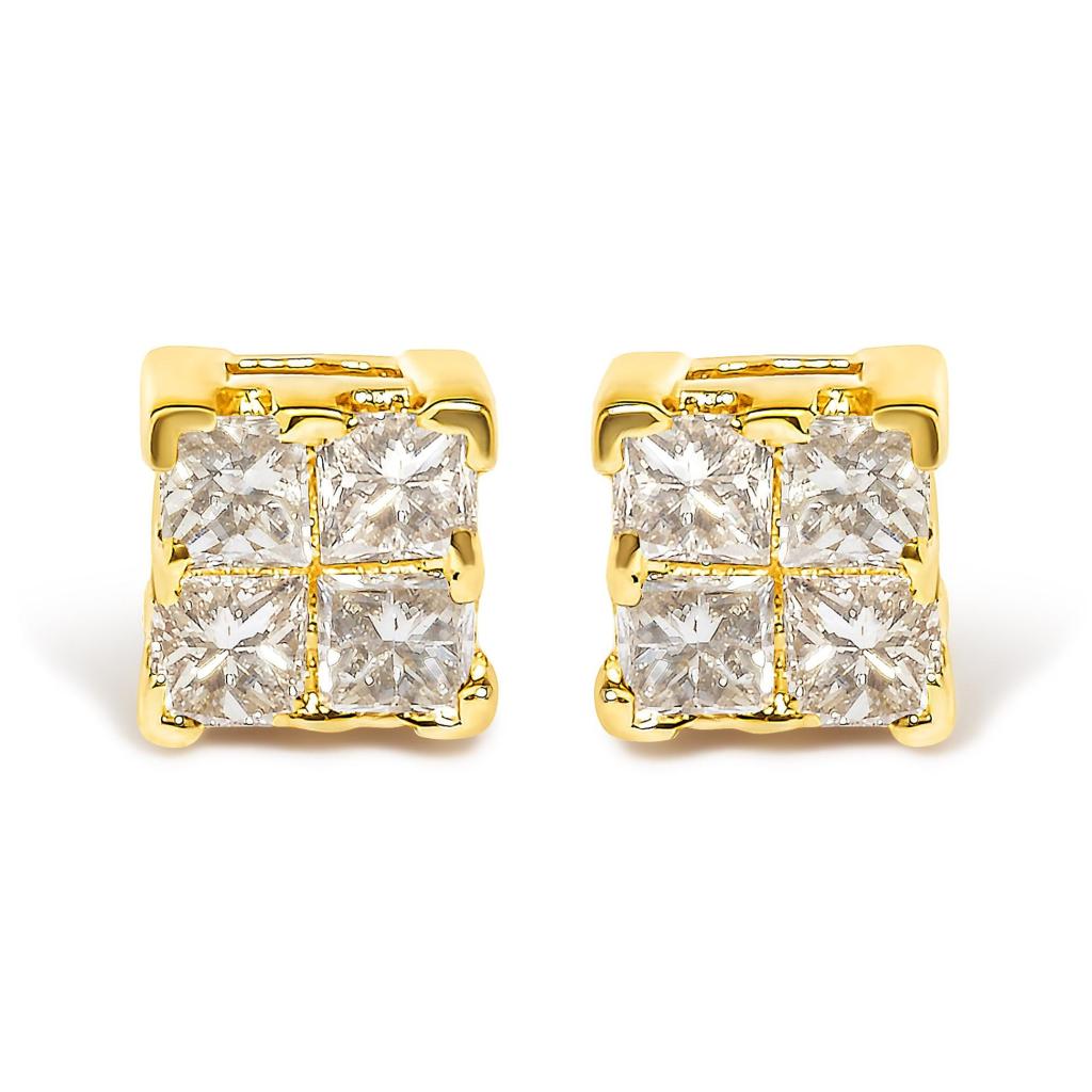 14K Yellow Gold 1/4 Cttw Invisible Set Princess-Cut Diamond Square Stud Earring (J-K Color, I1-I2 Clarity)