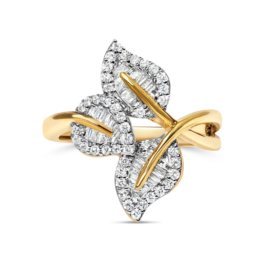 18K Yellow Gold Plated .925 Sterling Silver 1/2 Cttw Baguette and Round Diamond Bypass Triple Leaf Ring (I-J Color, I1-I2 Clarity) Ring Size-7.0