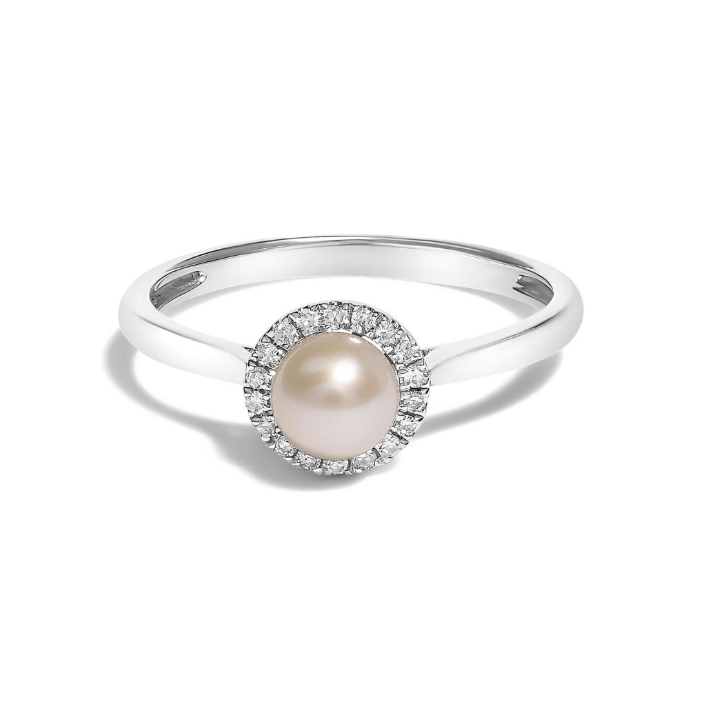 10K White Gold 5MM Cultured Freshwater Pearl  and Diamond Halo Ring (I-J Color, I1-I2 Clarity) Ring Size-6.5