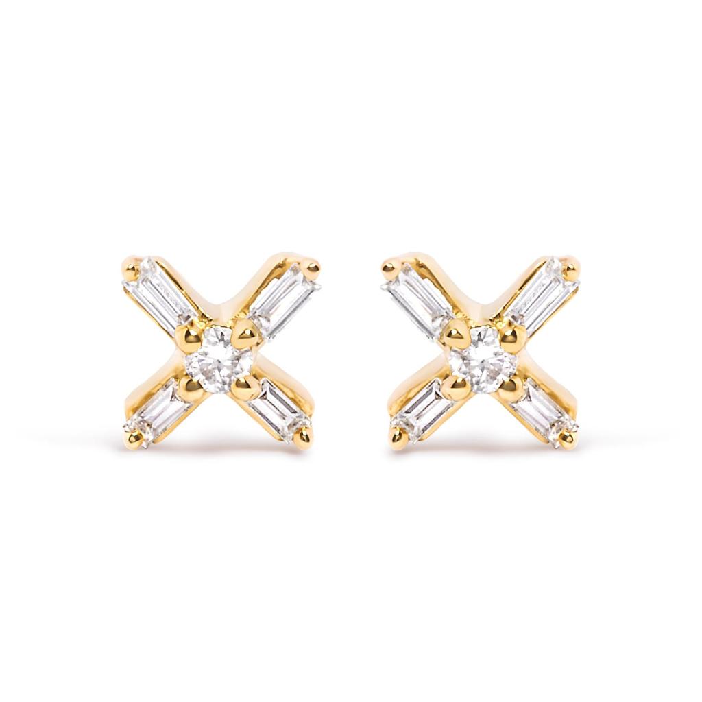 10K Yellow Gold 1/10 Cttw Round and Baguette Diamond Criss Cross X Stud Earring (H-I Color, I1-I2 Clarity)