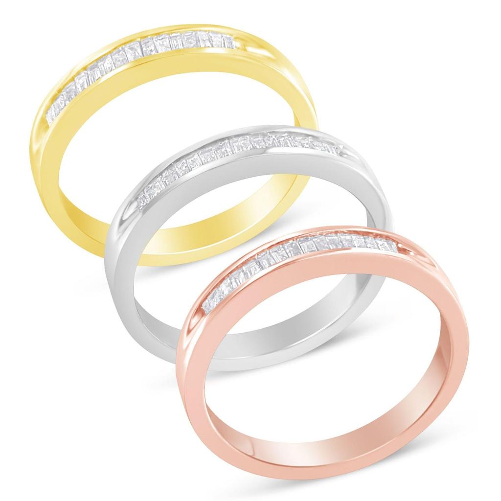 10K Yellow, White and Rose Gold over .925 Sterling Silver 5/8 Cttw Diamond Channel-Set Stackable Band Ring Set (H-I Color, I1-I2 Clarity) Ring Size-7.25