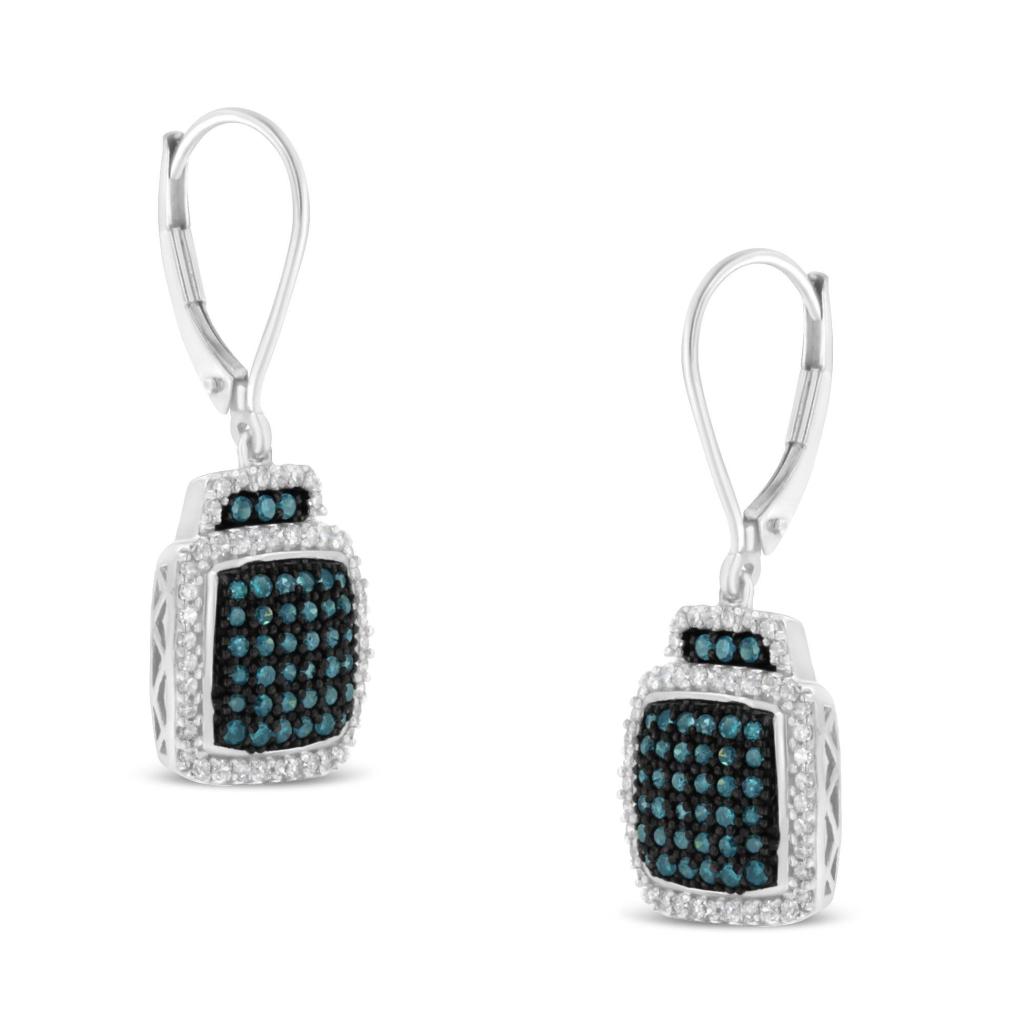 Black Rhodium over .925 Sterling Silver Â¾ Cttw Blue and White Diamond Cushion Shaped Dangle Earrings (Enhanced Blue & I-J Color, I2-I3 Clarity)