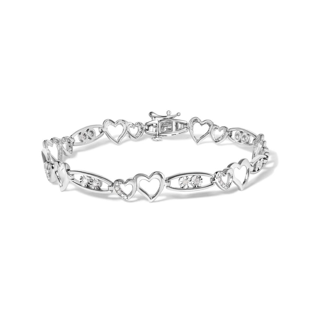 925 Sterling Silver 1/5 Cttw Diamond Double Heart Link Bracelet (I-J Color, I3 Clarity) - 7.25" Inches