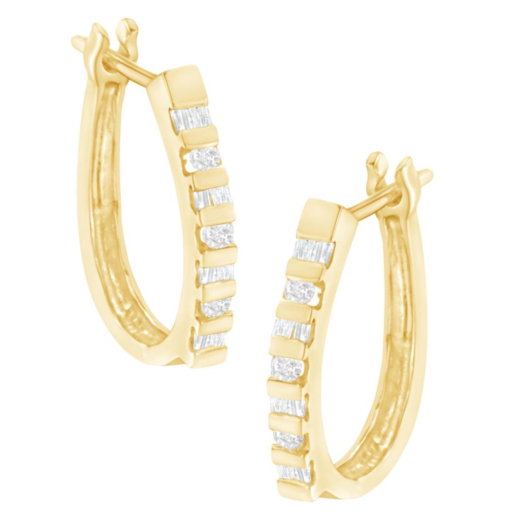 10K Yellow Gold Round and Baguette Cut Diamond Oblong Hinged Leverback Hoop Earrings (Â¼ Cttw, I-J Color, I2-I3 Clarity)