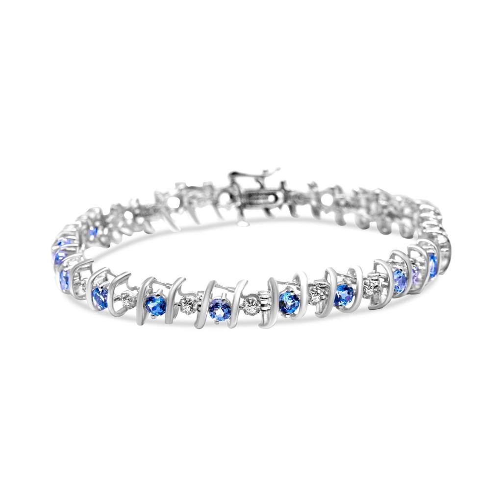 .925 Sterling Silver Lab-Grown Birthstone and 1/6 Cttw Round Diamond Tennis Bracelet (H-I Color, I1-I2 Clarity) - Blue Aquamarine
