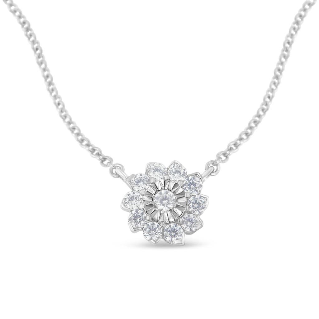.925 Sterling Silver 1/2 Cttw Diamond Miracle Set Flower Cluster Pendant Necklace with Cable Chain (I-J Color, I1-I2 Clarity) - 18