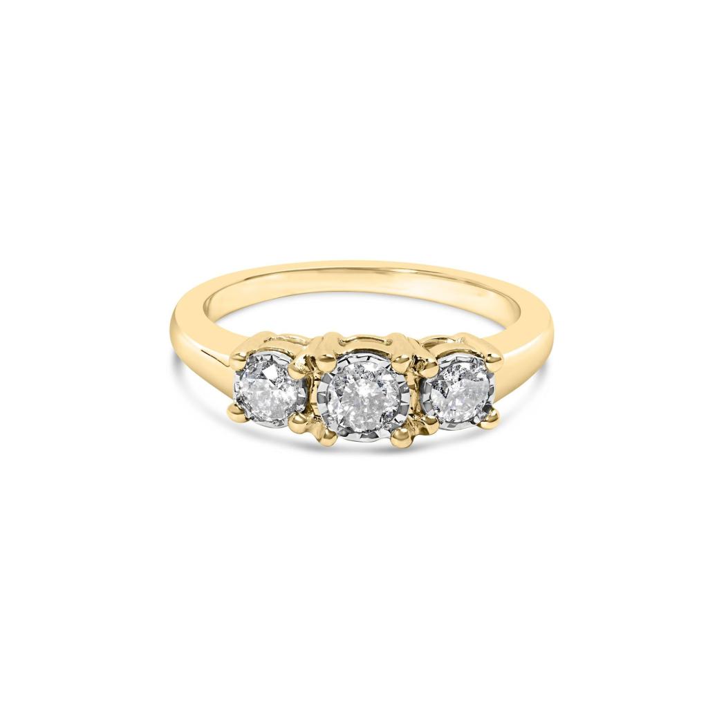 10K Yellow Gold 1/2 Cttw Miracle Set Round Diamond Three Stone Illusion Plate Ring (I-J Color, I2-I3 Clarity) Ring Size-7.0