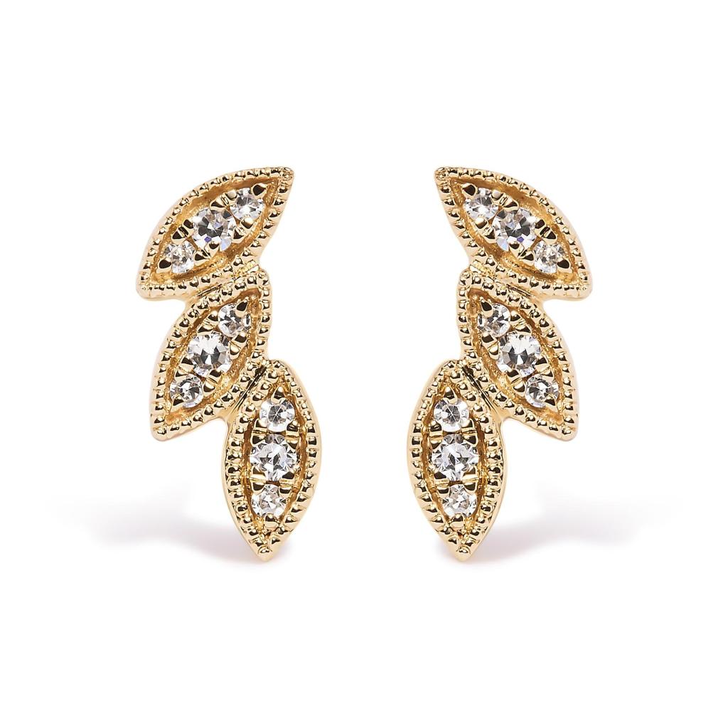 10K Yellow Gold 1/10 Cttw Diamond Triple Leaf Stud Earring (H-I Color, I1-I2 Clarity)
