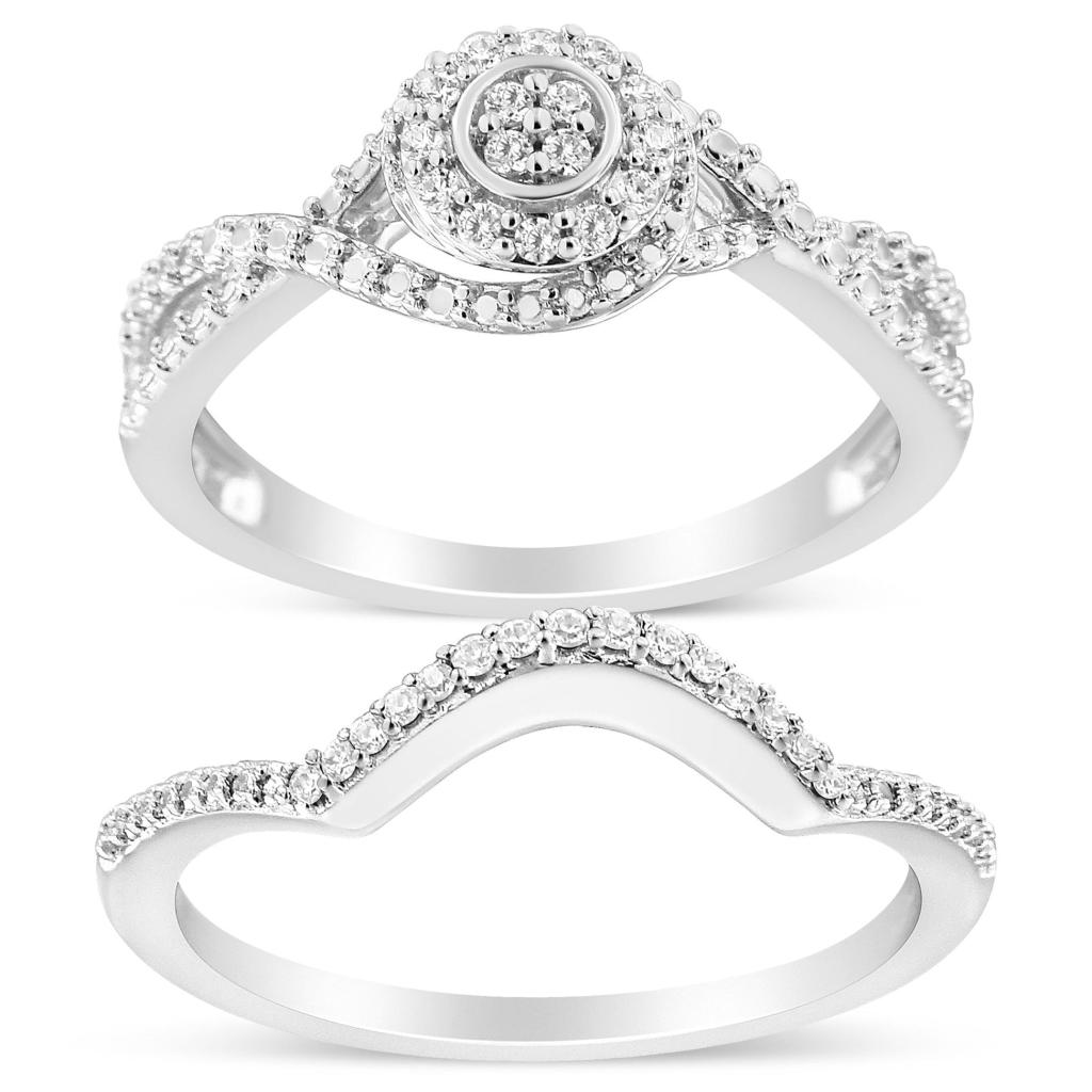 .925 Sterling Silver 1/6 Cttw Diamond Composite Halo and Split Shank Bridal Set Ring and Band  (I-J Color, I3 Clarity) Ring Size-8.0