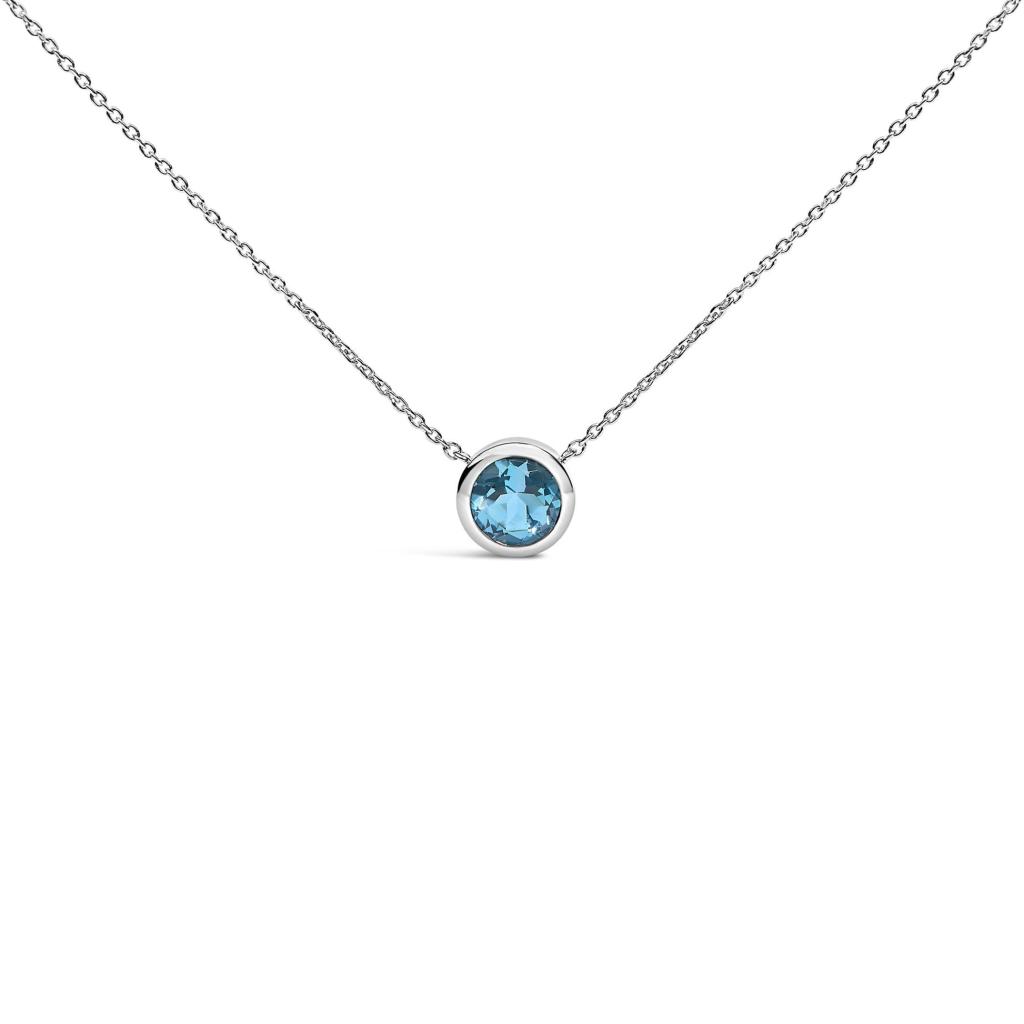.925 Sterling Silver 7MM Bezel Set Created Gemstone Pendant Necklace - 18" Inches - Blue Topaz