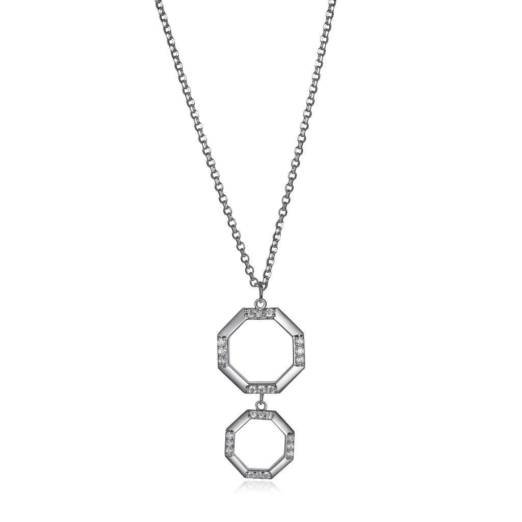 NR0LBB8-W Edge Cubic Zirconia Double Octagon Necklace