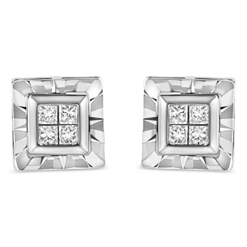 .925 Sterling Silver 1/6 Cttw Invisible Set Princess-Cut Diamond Quad Composite Stud Earrings (H-I Color, I1-I2 Clarity)