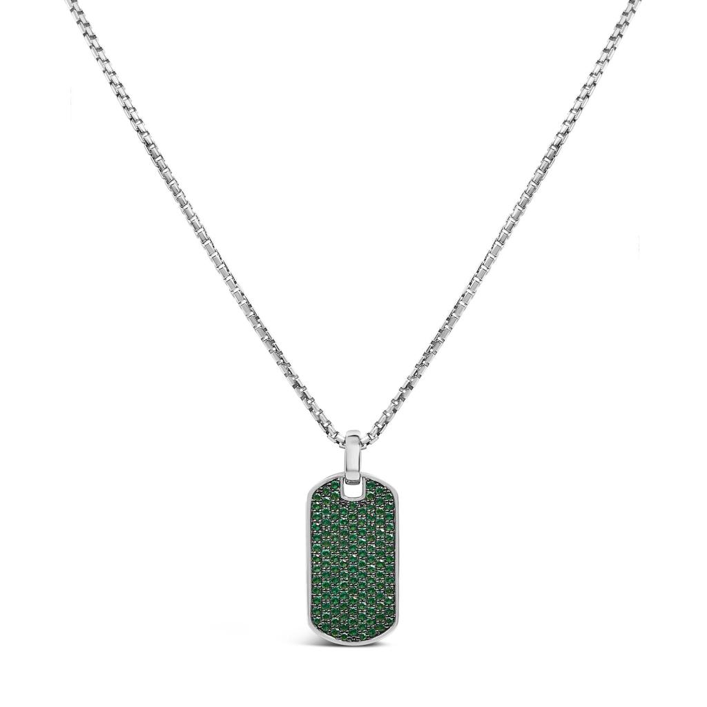 Men's .925 Sterling Silver Created Green Emerald Dog Tag Pendant Necklace - 22" Inches