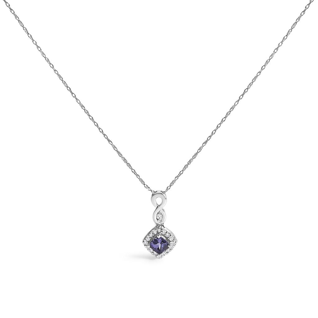 10K White Gold Blue Purple Tanzanite and Diamond Accent Cushion Drop Pendant Necklace - 18" Inches