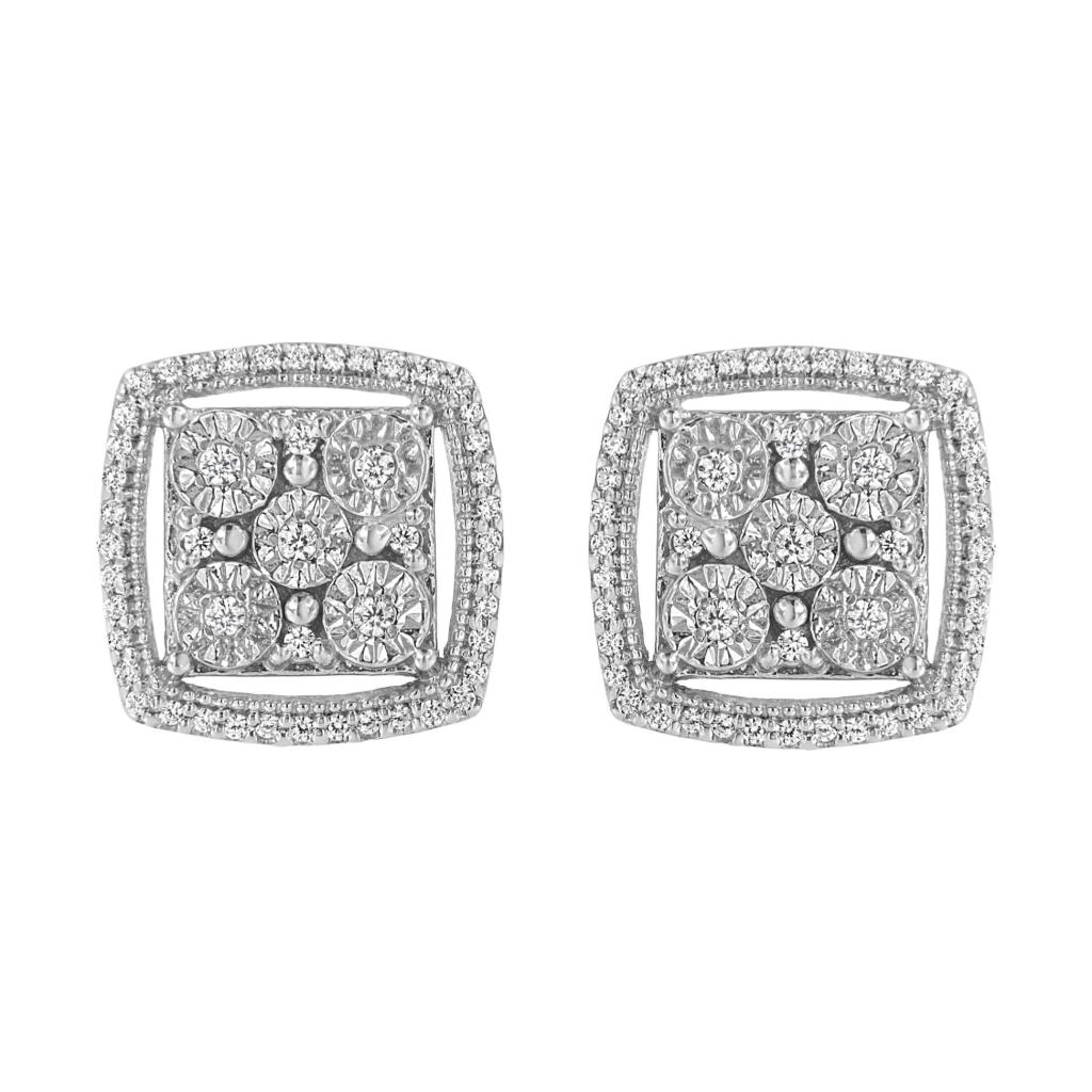 .925 Sterling Silver 3/8 Cttw Miracle Set Round Diamond Double Halo Cluster Earrings (I-J Color, I2-I3 Clarity)