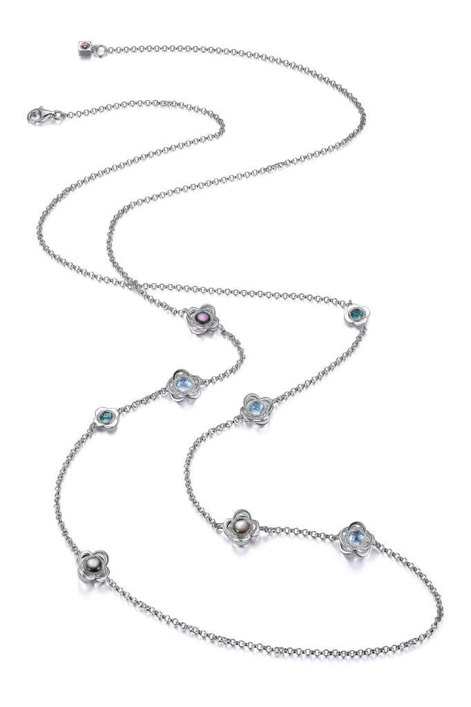 NR0LB53-W Romance Multi-Gem Long Flower Station Necklace