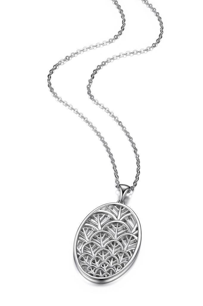 NR0LBCN-W Bloom Leaf Cut Oval Pendant Necklace