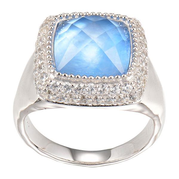 RR4L96896-W-8 Sterling Silver Dyed Blue Mother of Pearl Crystal Doublet with Cubic Zirconia Ring Size 8