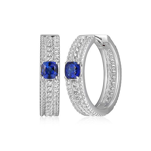 ER2LCT702-W Sterling Silver WEAVE Cushion Cut Created Blue Sapphire Hoop Earrings