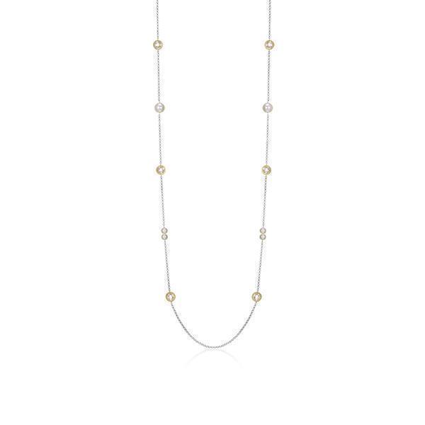 NR0LBPU-2T "Majestic" 2 Tone Sterling Silver with White Pearl and Round Cubic Zirconia Station Long Necklace