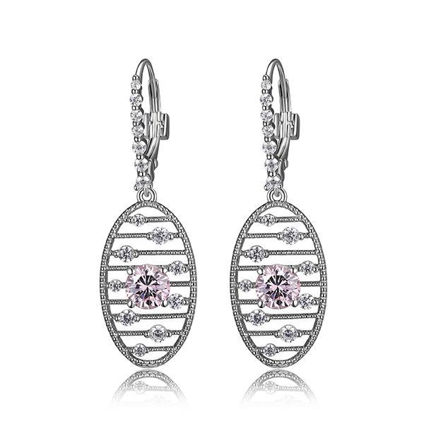 ER2LCBF06-W Sterling Silver STARBURST Clear and Pink Cubic Zirconia Oval Dangle Leverback Earrings