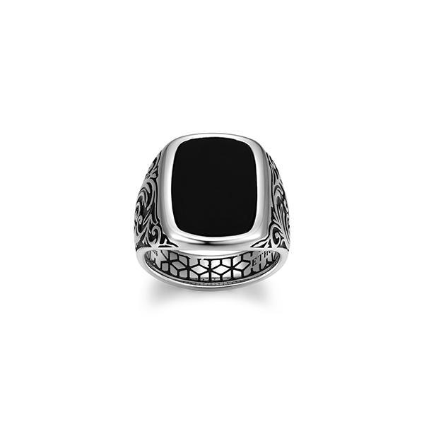 Sterling silver CJ Ethos CHISEL rhodium plated 18x12mm genuine black agate with black oil intaglio ring - Size 12