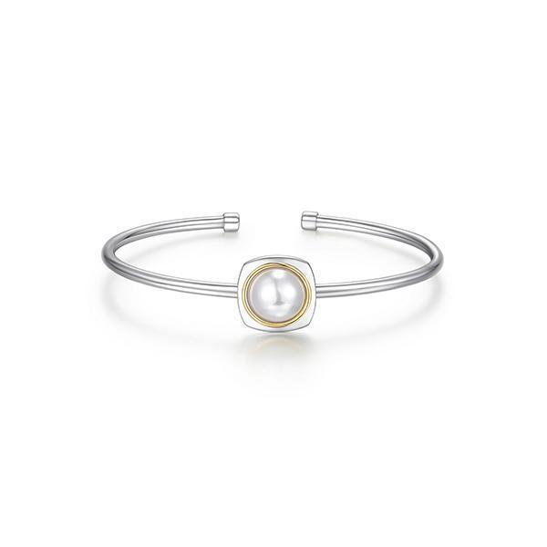 BR1LAK9-W "Aureole" Sterling Silver 2-Tone Square Bezel with Pearl Cuff Bangle