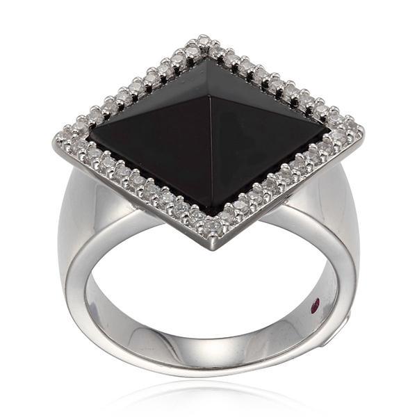 RR4L90827-W-7 Sterling Silver NEFER Genuine Black Agate and Crystal Pyramid Ring Size 7