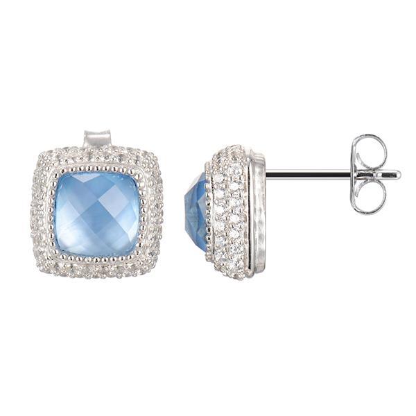 ER2LBW4BB-W Sterling Silver Dyed Blue Mother of Pearl and White Crystal Doublet and Cubic Zirconia Stud Earrings