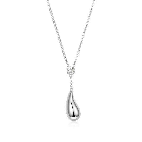 NR0LBZ60-W Raindrop Cubic Zirconia Round Bezel Set and Pear Drop Necklace