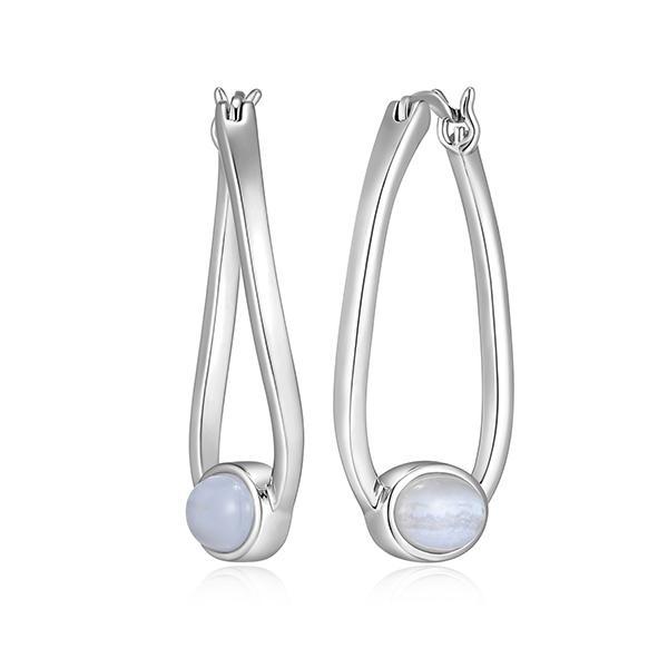 ER2LCV1AB-W Sterling Silver LUSTRE Genuine Blue Lace Agate Cabochon Oval Hoop Earrings