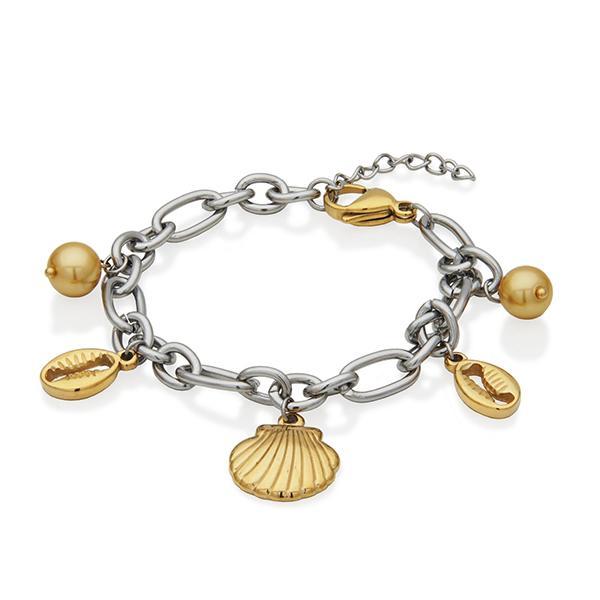 CJ STEELX Two Tone Seashell and Faux Pearl Charm Two Tone Bracelet Size 6.75