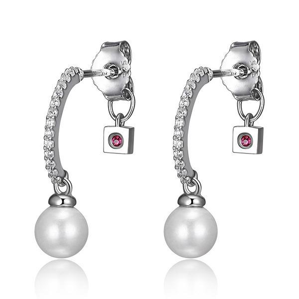 ER2LCCL45-W Sterling Silver Cubic Zirconia C Hoop Pearl Post Earrings