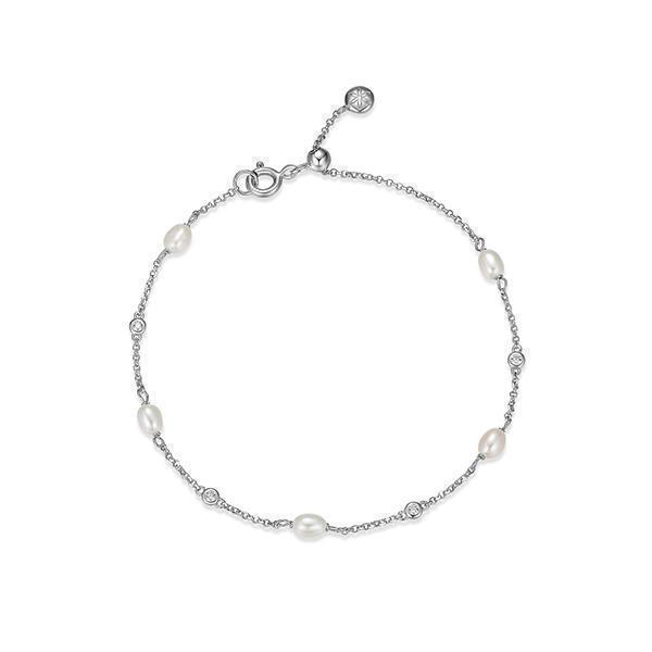 Diamondlite Cubic Zirconia and 6x4mm Genuine Pearl Adjustable Station Bracelet - Silver - Jewellery