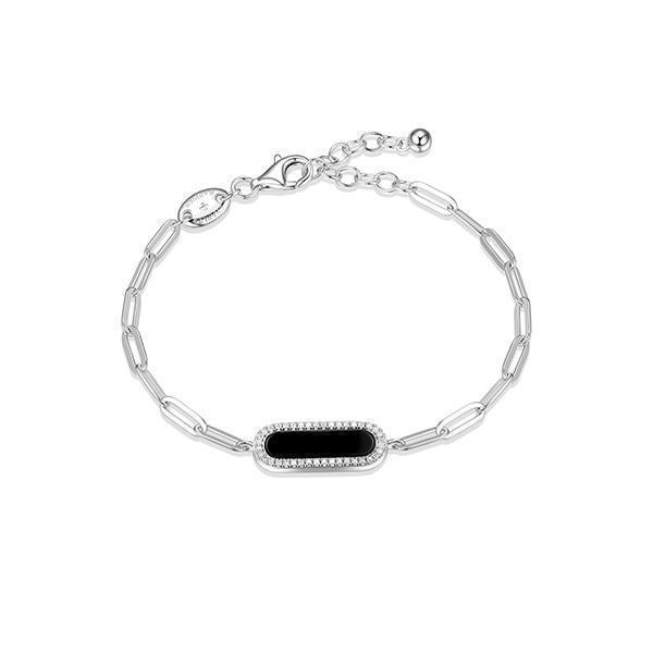 BR1Q1B1-W Sterling Silver "Paperclip" Oval Black Agate with CZ Chain Bracelet