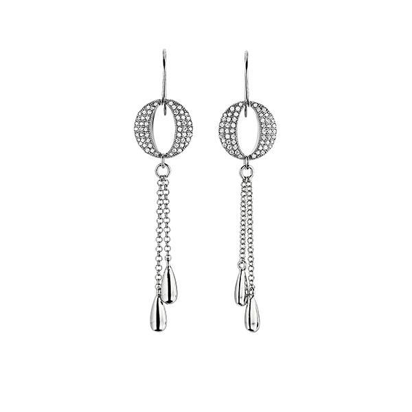 ER2LBHY00-W Sterling Silver Micro Pave Cubic Zirconia and Double Chain Portal Fishhook Earrings