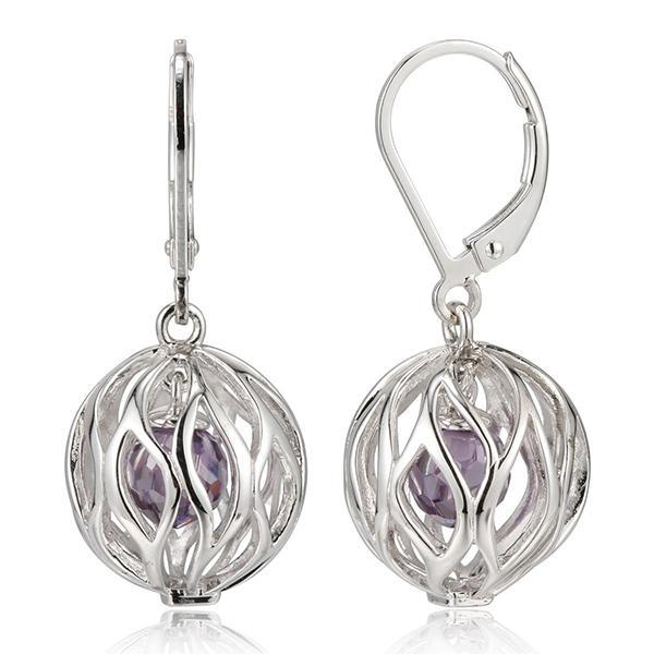 ER2LBML24-W Sterling Silver Purple Cubic Zirconia Cage Leverback Earrings