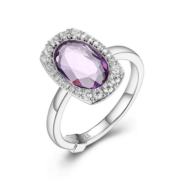 RR4LACD23-W-7 Sterling Silver AUREOLE Oval Amethyst and Cubic Zirconia Ring Size 7