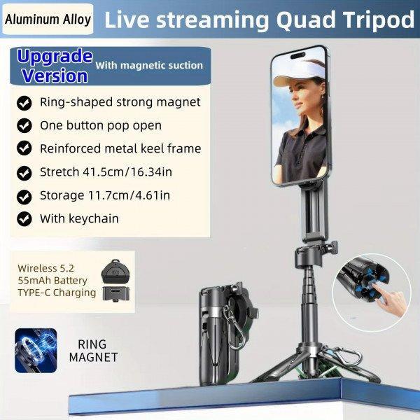 3-in-1 Magnetic Selfie Stick Tripod with Wireless Remote - Portable Phone Grip Stand for Photography P15 for Universal Cell Phones - Black