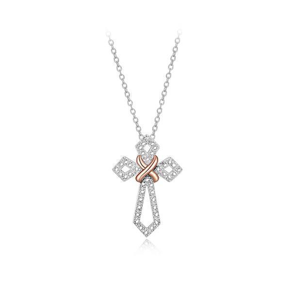 Two-Tone Sterling Silver Cubic Zirconia Cross Pendant - Silver and Rose Gold