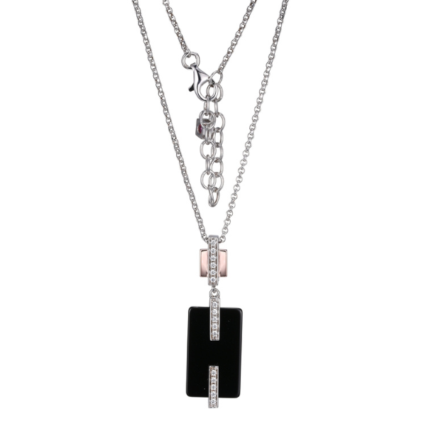 NR0LBGK9-2T Midnight Cubic Zirconia and Black Agate Two Tone Necklace