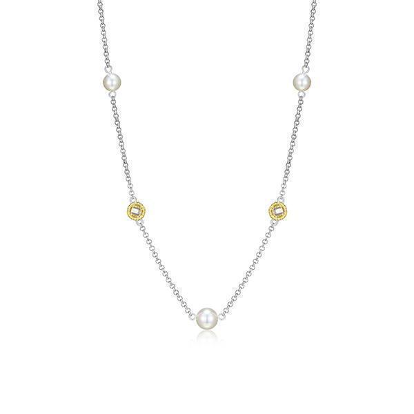 NR0LBPS-2T "Majestic" 2 Tone Sterling Silver with White Pearl and Round Cubic Zirconia Necklace