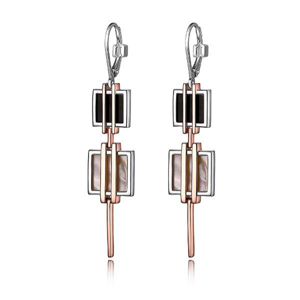 ER2LCB7A9-2T Sterling Silver MIDNIGHT Black Agate and White Mother of Pearl Long Leverback Two Tone Earrings